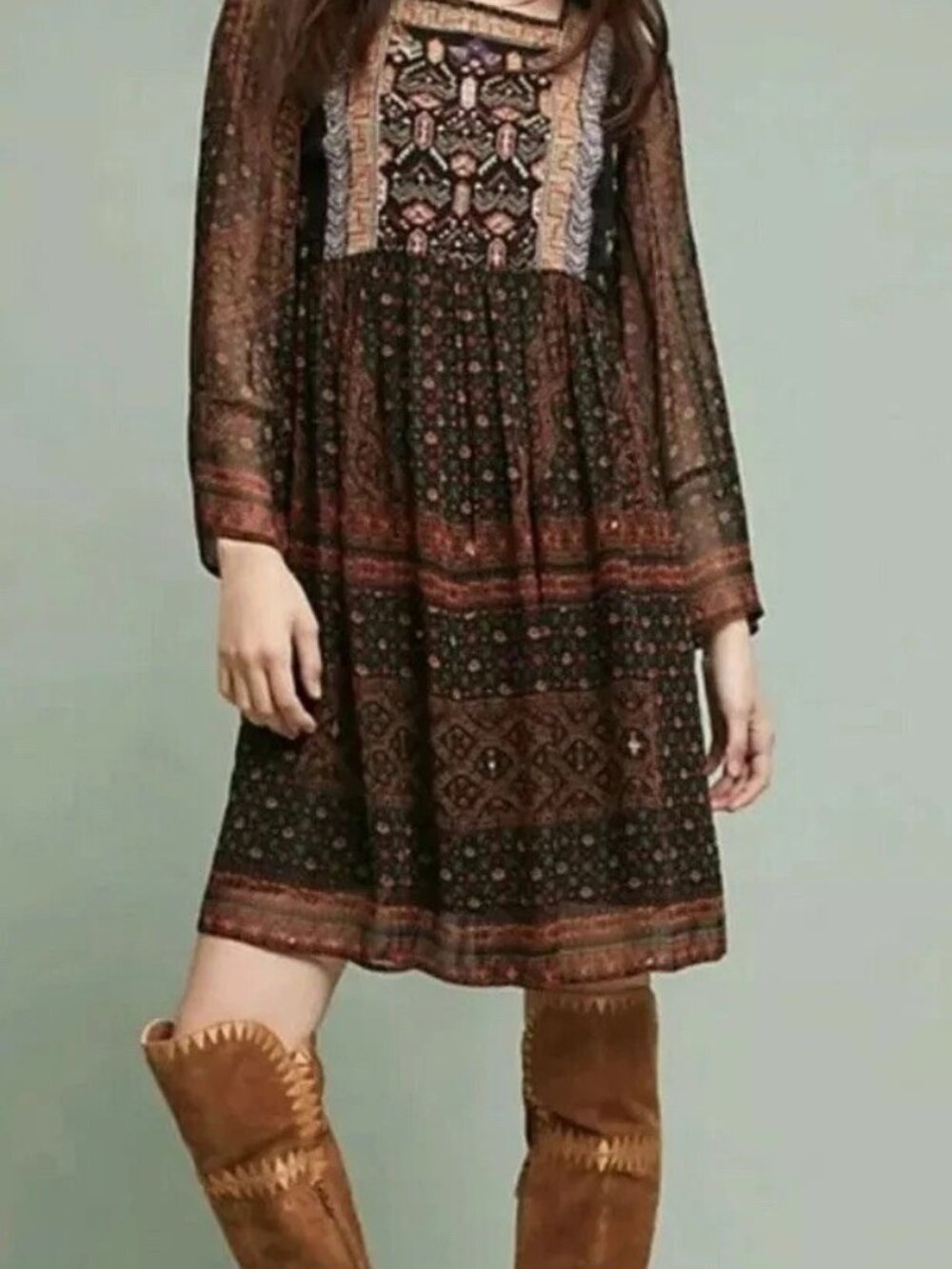 Anthropologie Akemi + Kin Munro Paisley Embroidered Beaded Boho Tunic Dress XS